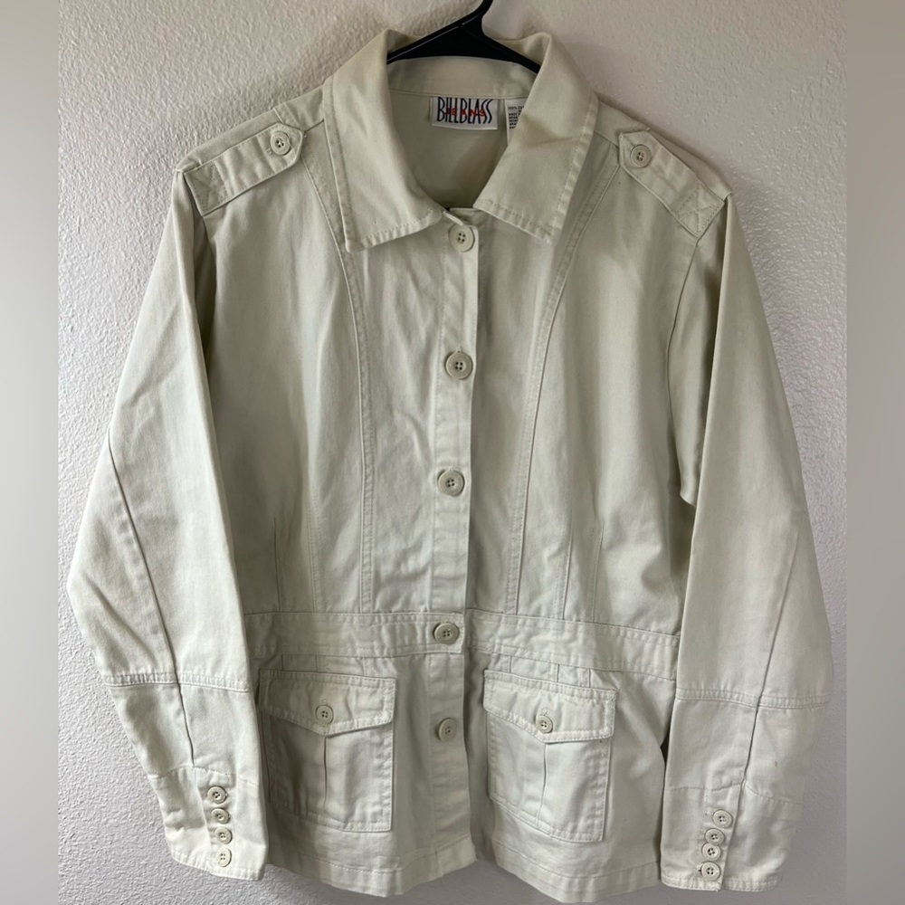Vintage Bill Blass Jeans Cream Cotton Tapered Waist Button Down Jacket Size M
